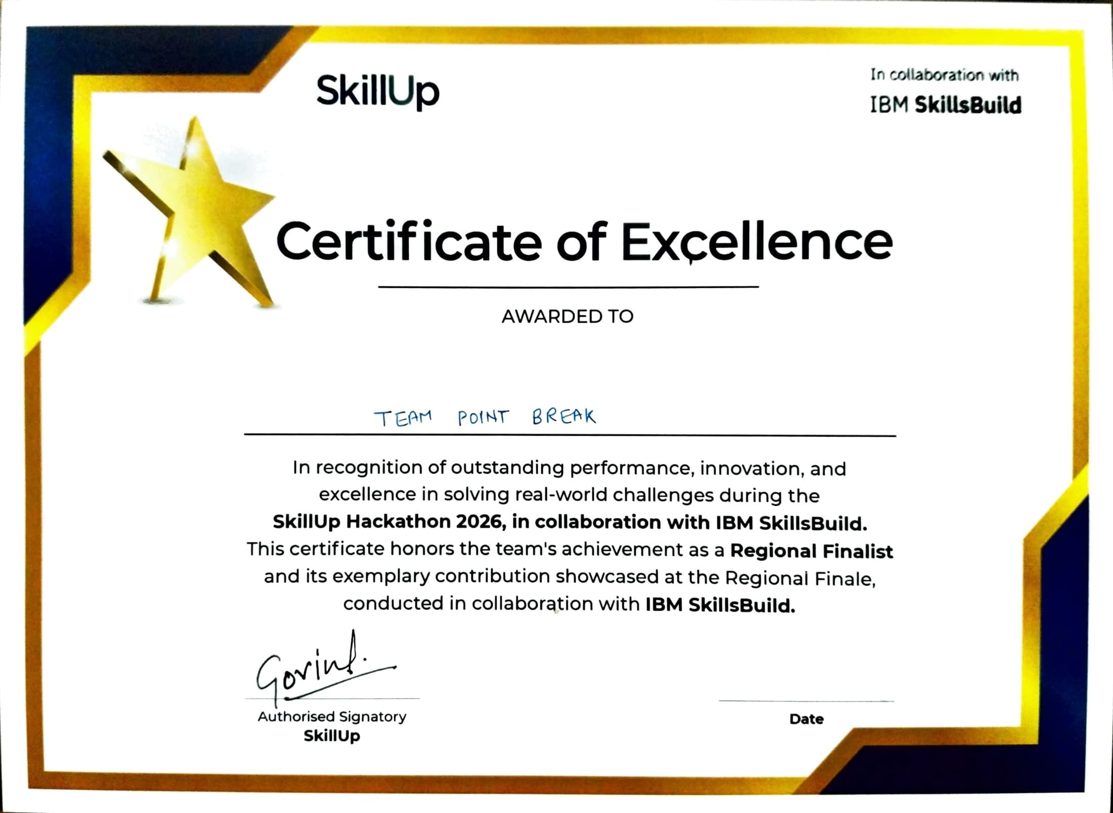 Team Point Break - Certificate of Excellence